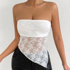 10 Pcs Summer High Quality Jacquard See Through Irregular Hem Lace Tube Top