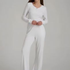 2 Pcs Womens Summer Long Sleeve Loungewear Ribbed Henley Tops