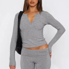 3 Pcs Trendy Womens Slim Button Up Long Sleeve Crop Henley Top