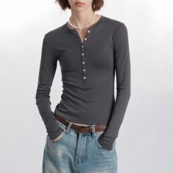 3 Pcs Fashionable Casual Knitted Long Sleeve Ribbed Henley Top
