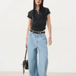 6 Pcs Womens Washed Black Short Sleeved Henley Top