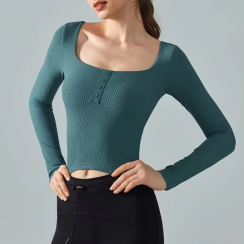 4 Pcs Long Sleeve Crop Slim Fit Yoga Henley Shirt